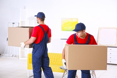 Two professional house movers in a bright, modern residential interior, wearing blue caps, red shirts, and blue overalls, are handling large cardboard boxes during a relocation process. The mover on the left, standing with his back to the camera, is holding a box while wearing white gloves, with various household items and a yellow sofa visible in the background. The mover on the right is kneeling on one knee, focused on a box in his hands, with a white chest of drawers and a framed picture on the wall behind them. The environment is well-lit with natural and artificial light, featuring a minimalist decor style with a white wall, simple artwork, and clean wooden flooring, suggesting an organized home setting in Westminster or nearby areas serviced by Westminster Man with Van removals.