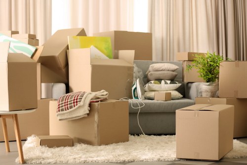 A living room interior scene showing an assortment of moving boxes made of plain brown cardboard, some open and filled with household items such as folded blankets, books, and decorative objects, arranged around a grey fabric sofa. The sofa has a few cushions and is partially obscured by the boxes, with one box on the armrest containing items wrapped in bubble wrap. A small wooden side table supports additional boxes, while a potted green plant sits atop another box on the right side, adding a touch of greenery. The room features beige curtains in the background, suggesting natural light. The floor is covered with a light cream shaggy rug, creating a neutral setting indicative of a house in Westminster or nearby, preparing for a household move. The scene reflects the process of packing and relocating personal belongings typical of house removals in London suburbs, associated with Westminster Man with Van's services for residents in the postcode area.